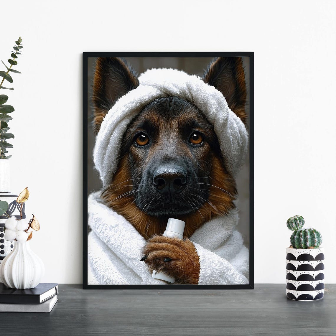 Funny German Shepherd Spa Day Bathrobe Towel Wrap Dog Portrait Poster