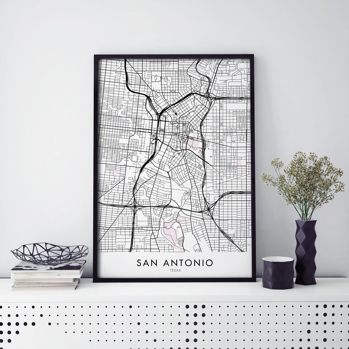 San Antonio Texas Crisp Modern City Street Map Monochrome Poster
