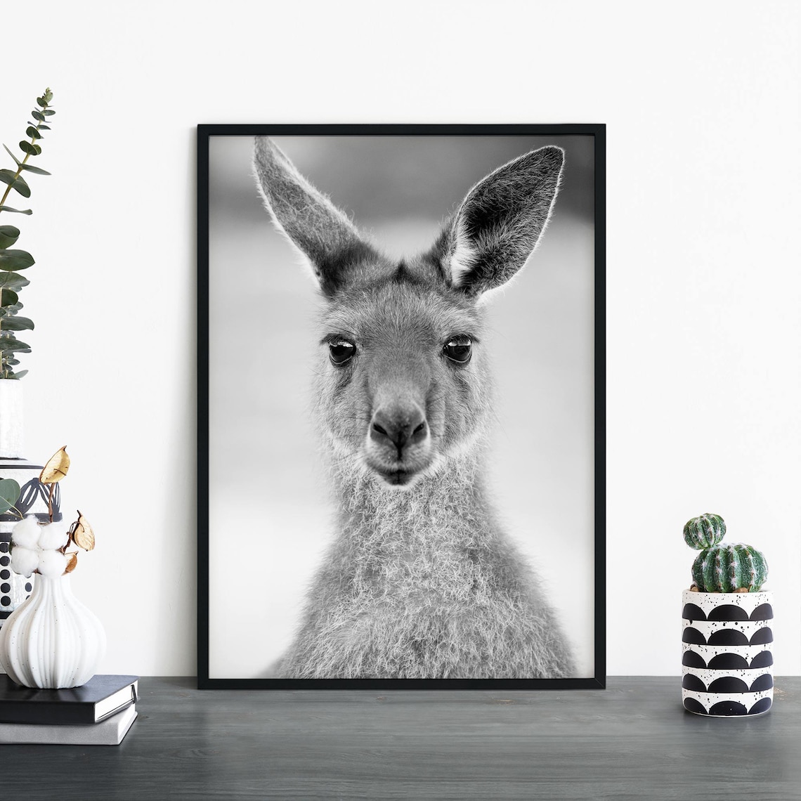 Baby Kangaroo Face Close Up Black and White Wildlife Photo Print
