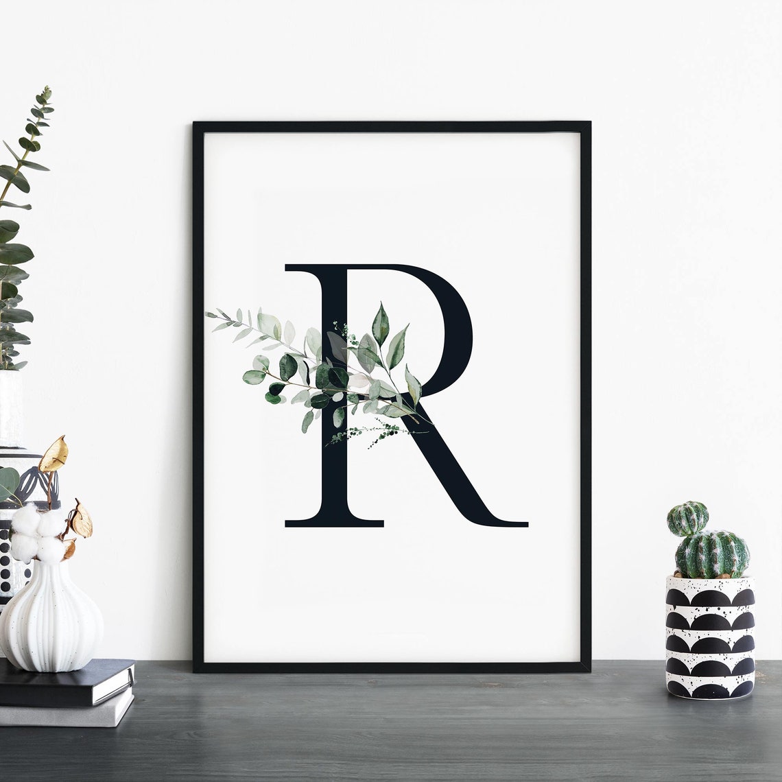 Letter R Botanical Monogram Eucalyptus Greenery Initial Poster