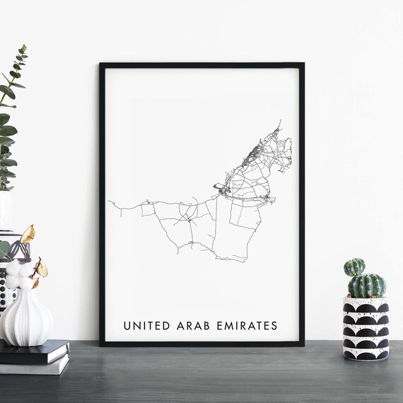 United Arab Emirates Road Map Minimalist Modern Black White Poster