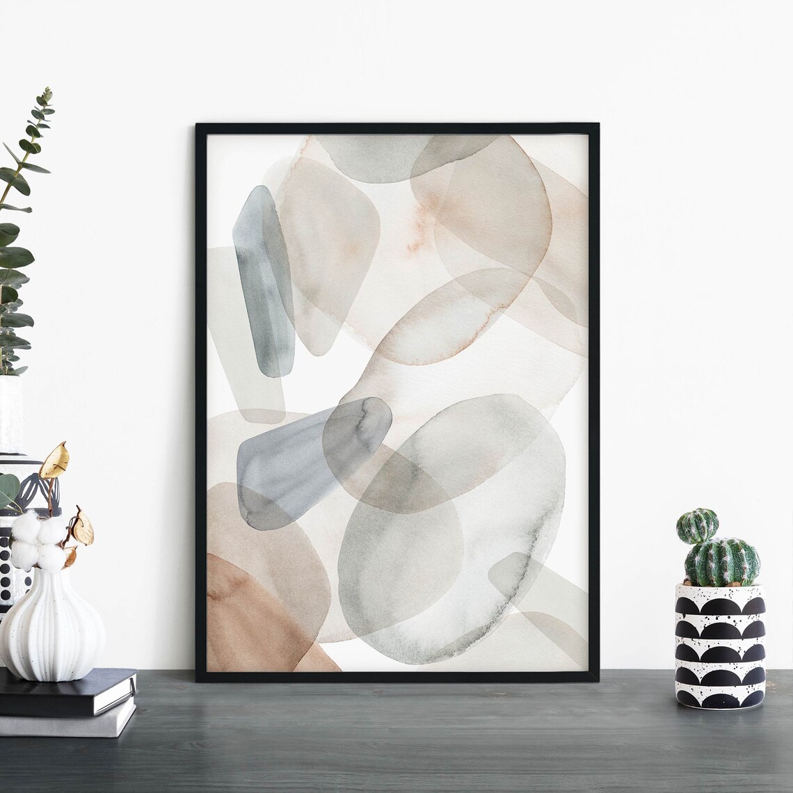 Neutral Watercolor Pebbles Abstract Organic Shapes Art Poster