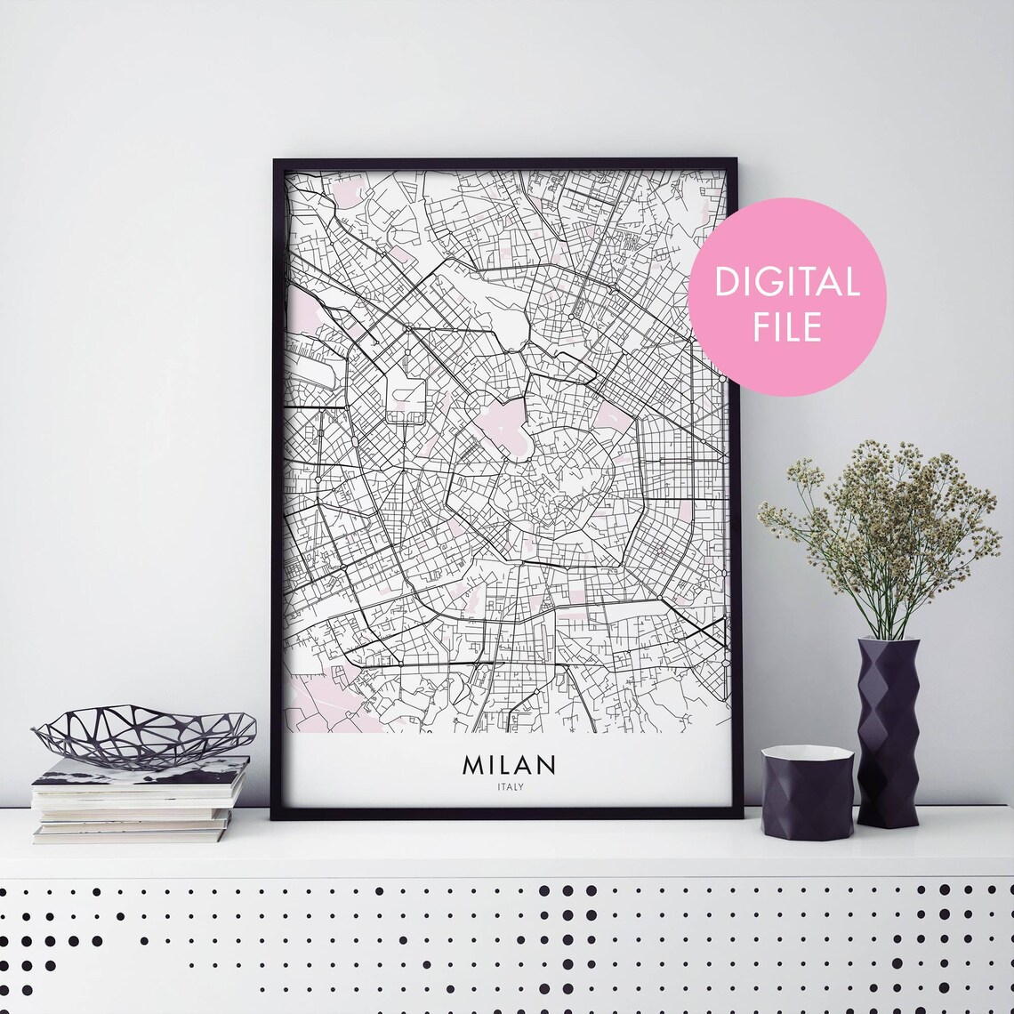 Milan Italy Minimalist City Street Map With Pink Accents Poster