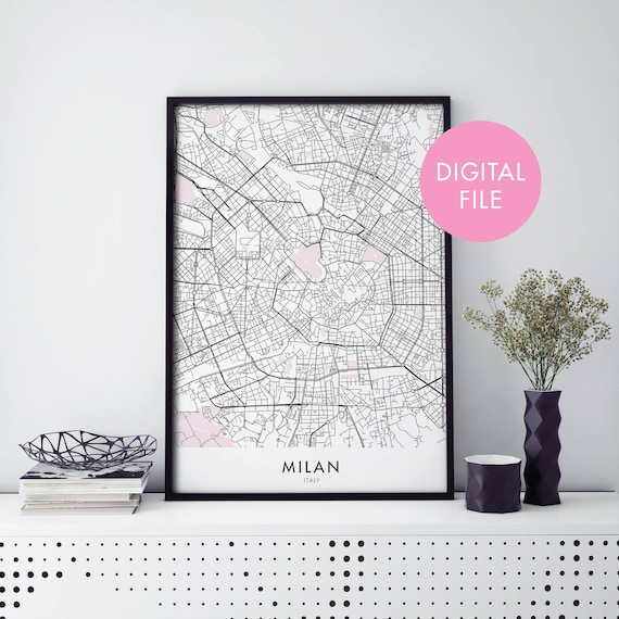 Milan Italy Minimalist City Street Map With Pink Accents Poster