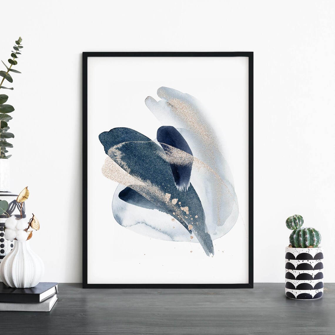 Navy Blue Brushstrokes Gold Accents Abstract Watercolor Modern Poster