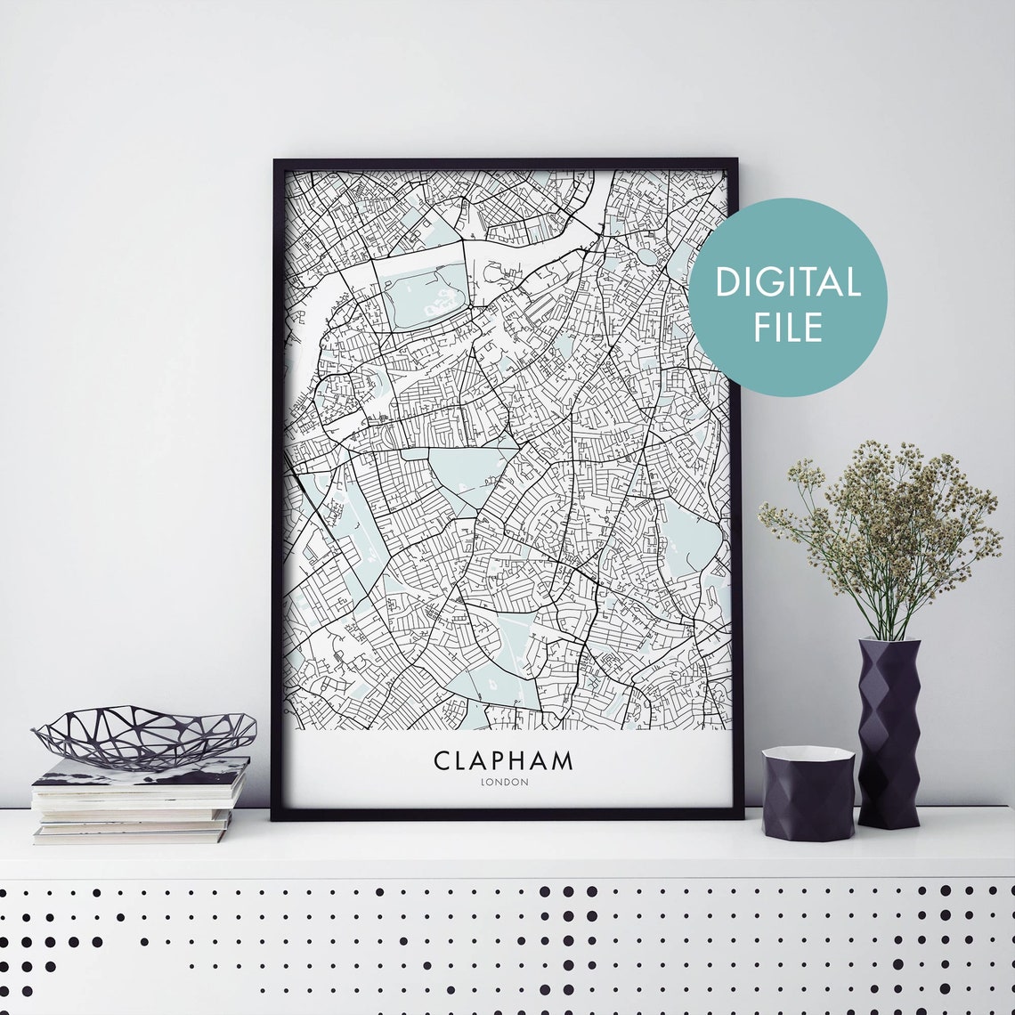 Clapham London District Minimalist Street Map City Poster Digital File