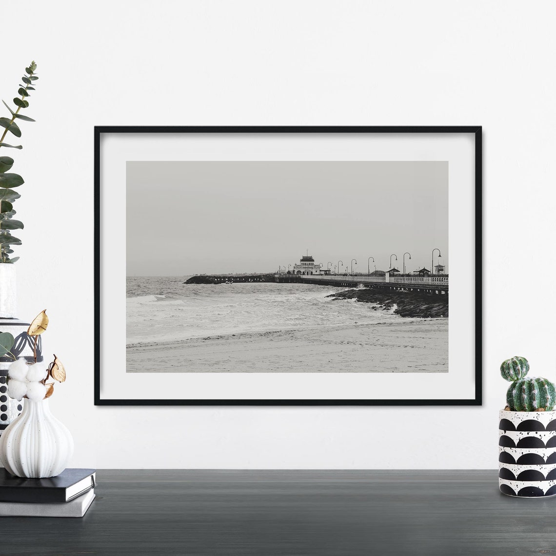 St Kilda Pier Melbourne Black And White Seaside Photo Poster