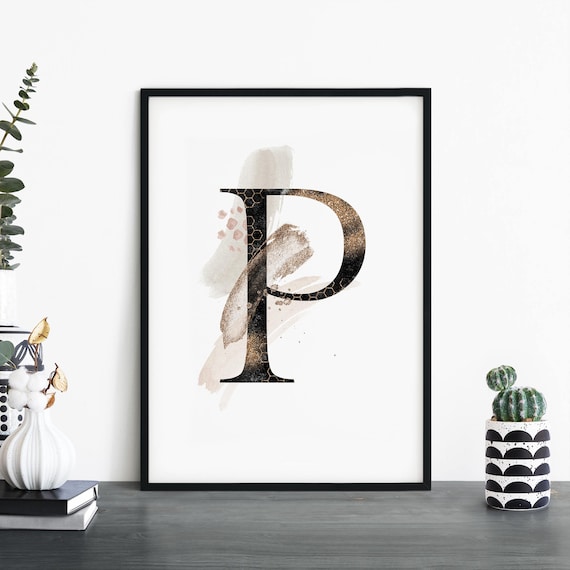 Gold Glitter Letter P Monogram Blush Watercolor Modern Wall Art