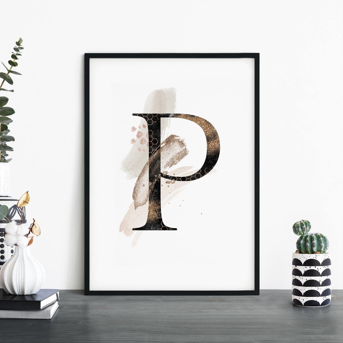 Gold Glitter Letter P Monogram Blush Watercolor Modern Wall Art