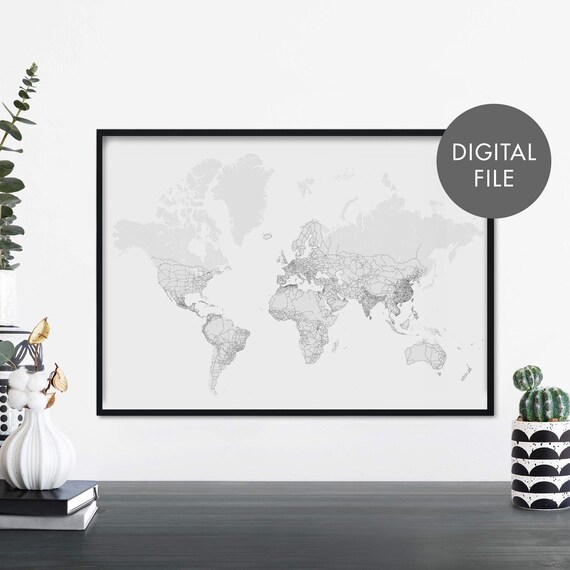 Grey World Map Minimalist Outline Continents Modern Wall Poster