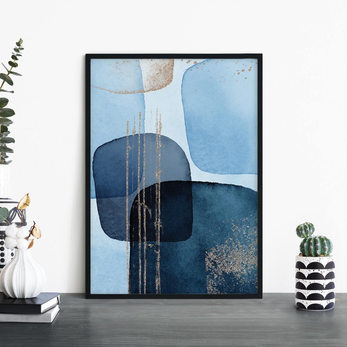 Blue Navy Watercolor Abstract Shapes With Gold Streaks Wall Art