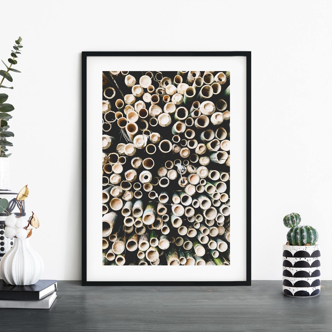 Stacked Bamboo Stalks Top Down Black Background Photo Poster