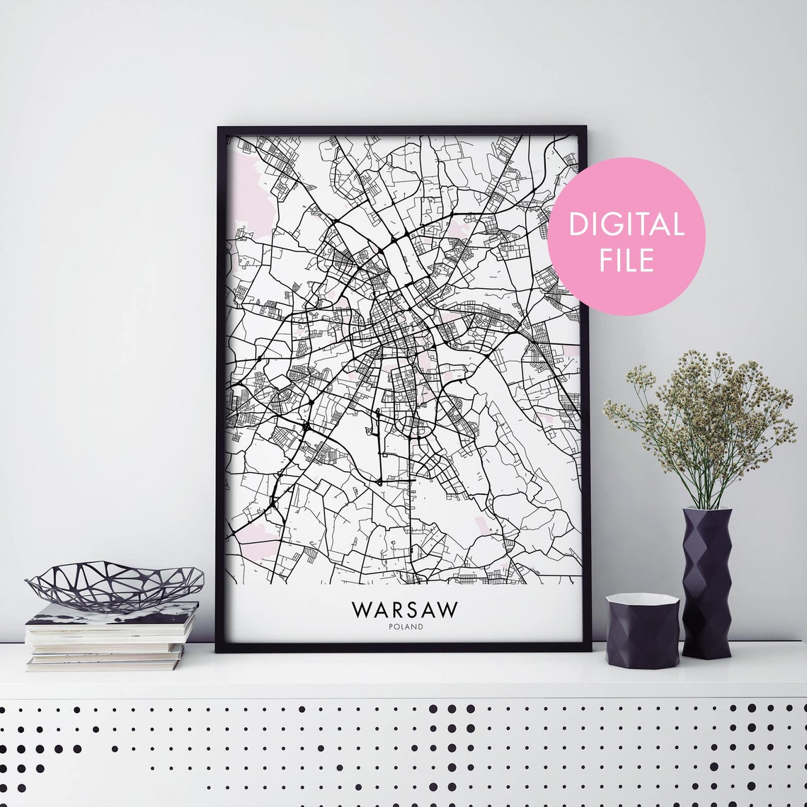 Warsaw Poland Monochrome City Map Instant Digital Download Poster