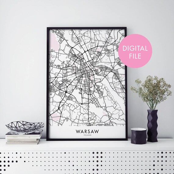 Warsaw Poland Monochrome City Map Instant Digital Download Poster