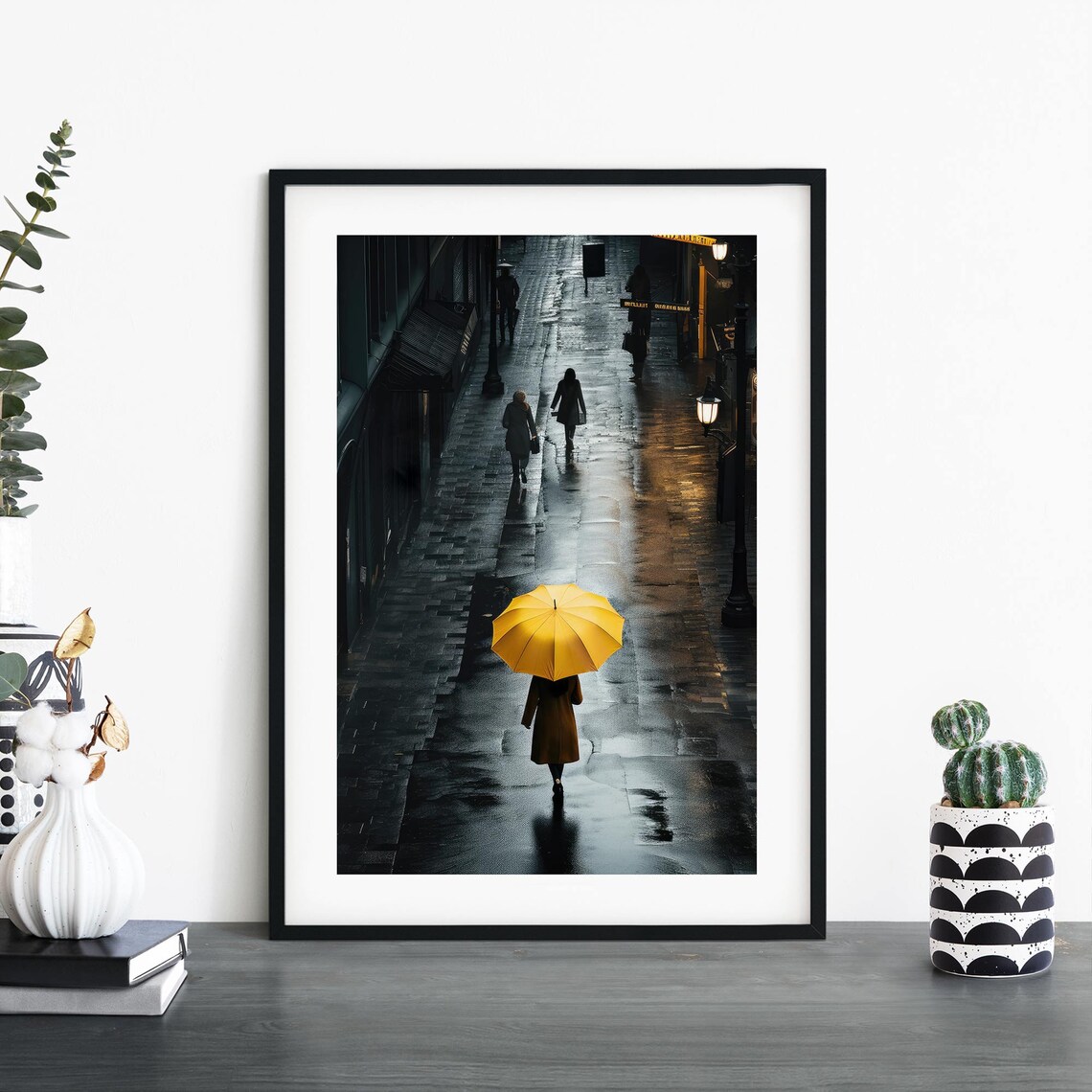 Yellow Umbrella Rainy Night Street Moody City Photo Print Art