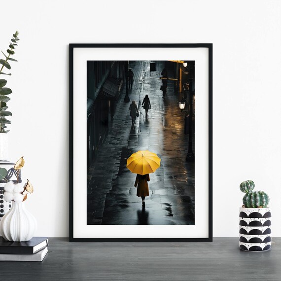 Yellow Umbrella Rainy Night Street Moody City Photo Print Art