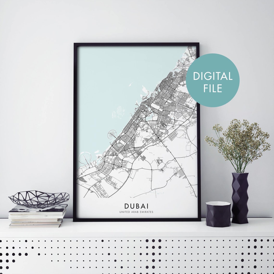 Dubai City Map Digital Art United Arab Emirates Minimal Poster