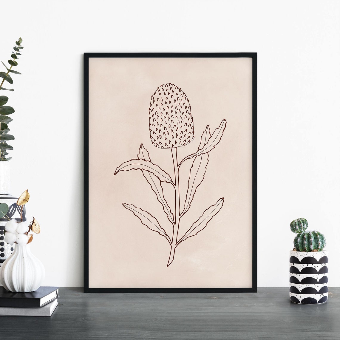 Banksia Australian Native Floral Line Illustration Art Poster