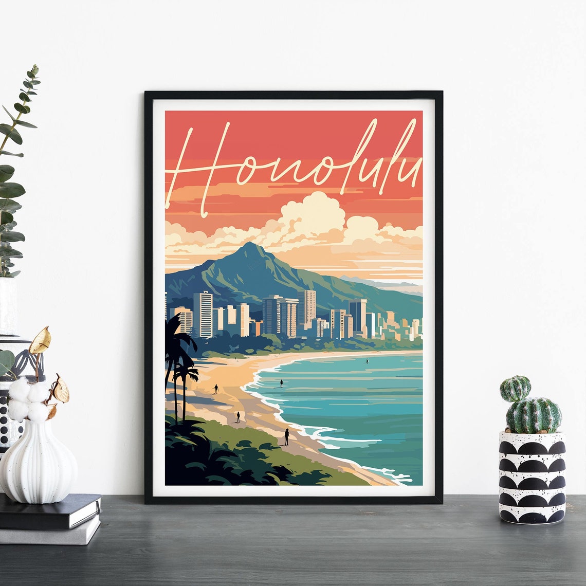 Honolulu Beach Skyline Diamond Head Hawaii Sunset Travel Poster