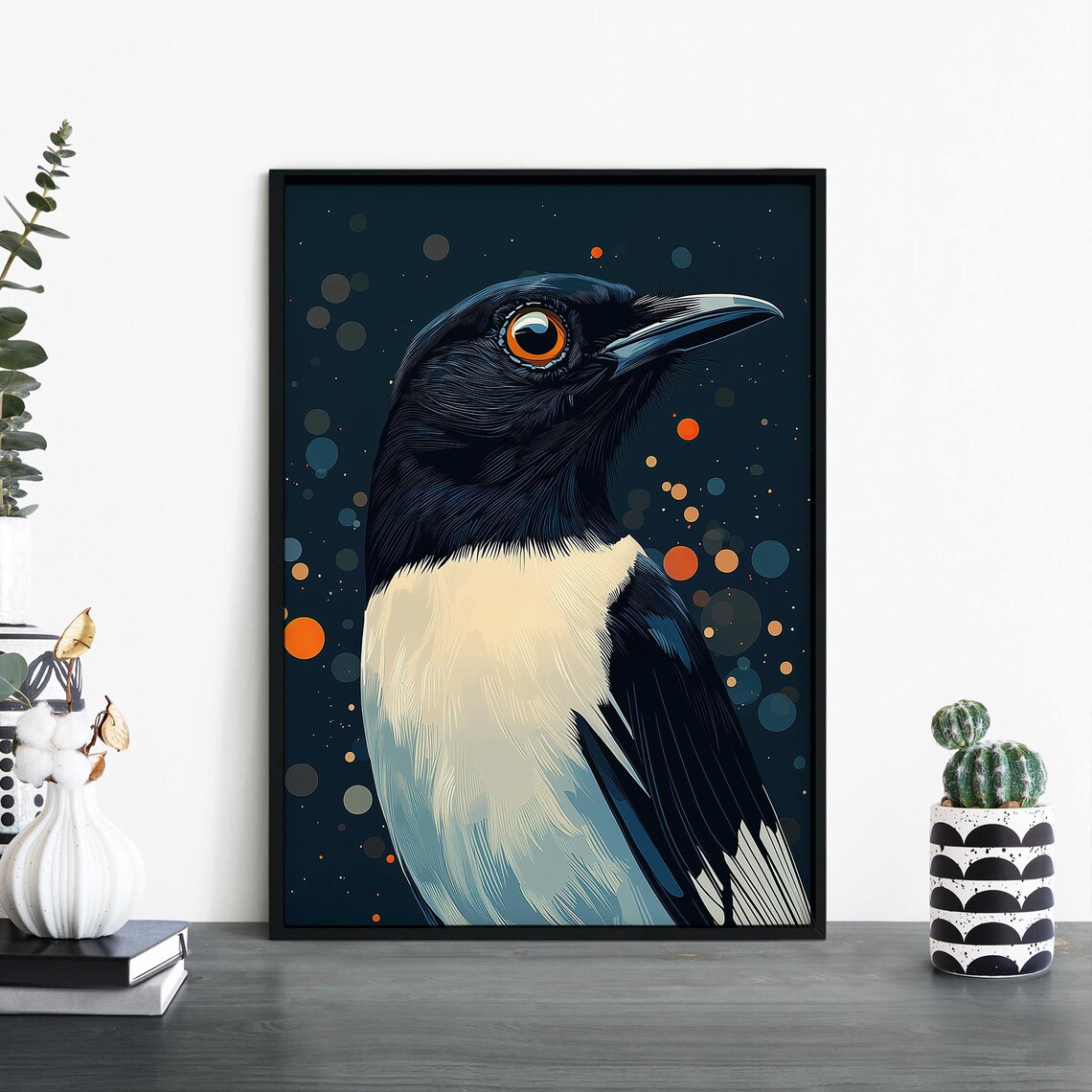 Magpie Bird Portrait Midnight Bokeh Dark Floral Night Art Print