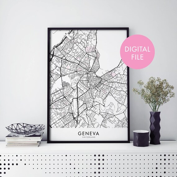 Geneva Switzerland Minimalist Black and White City Map Print