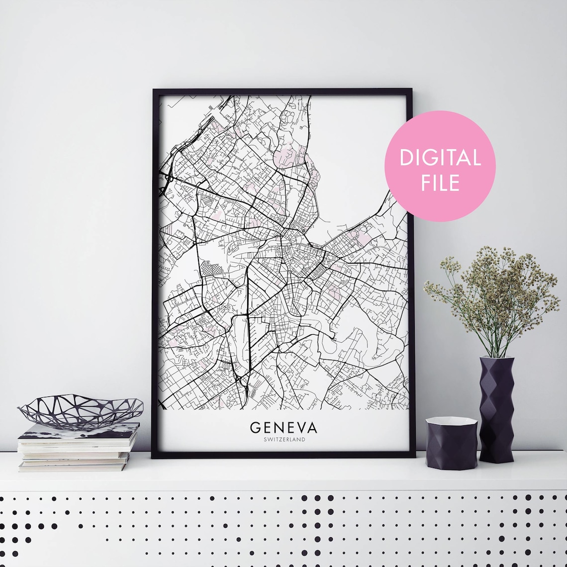 Geneva Switzerland Minimalist Black and White City Map Print