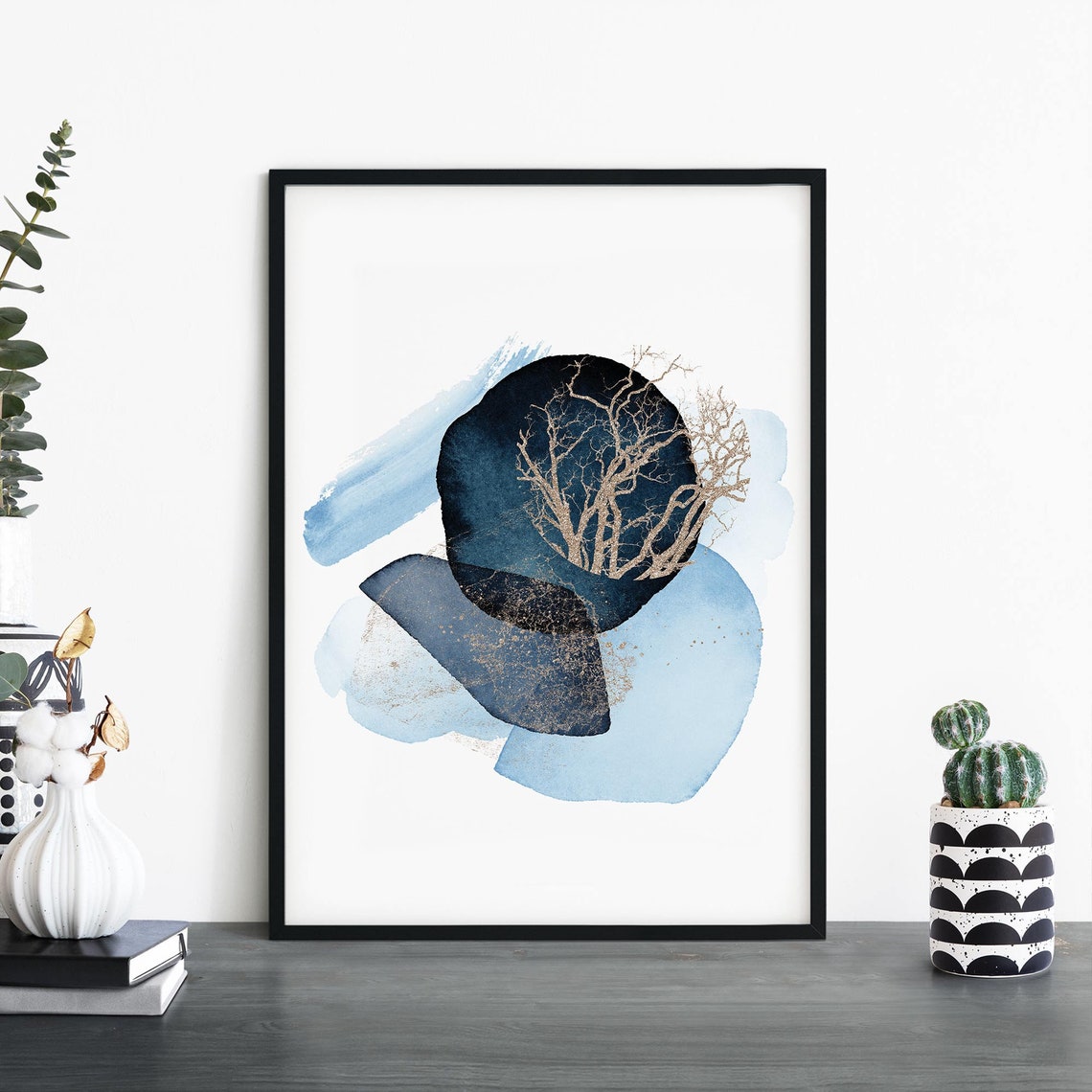 Navy Abstract Watercolor Golden Tree Branches Modern Art Print