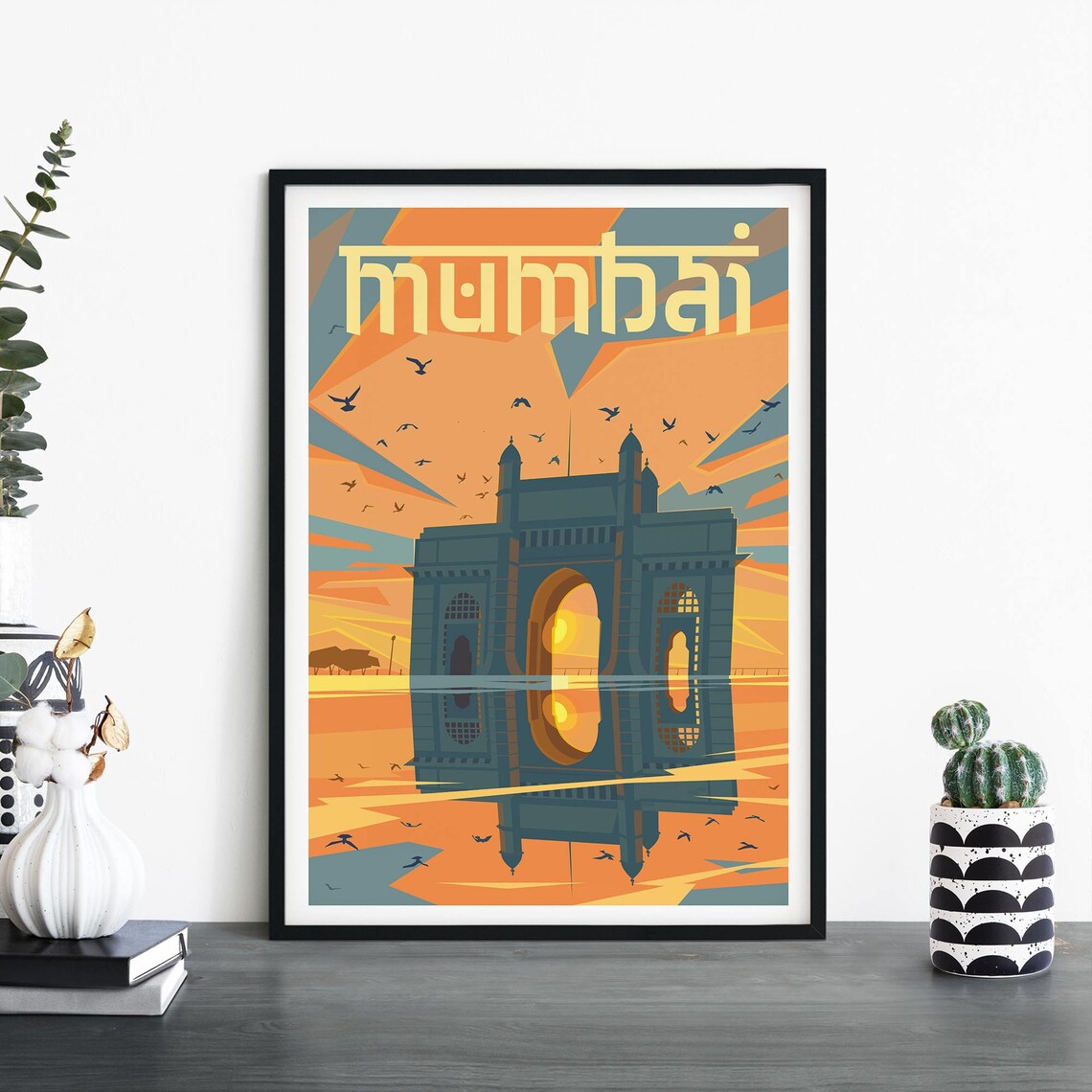 Mumbai Gateway of India Sunset Reflection Orange Sky Travel Poster