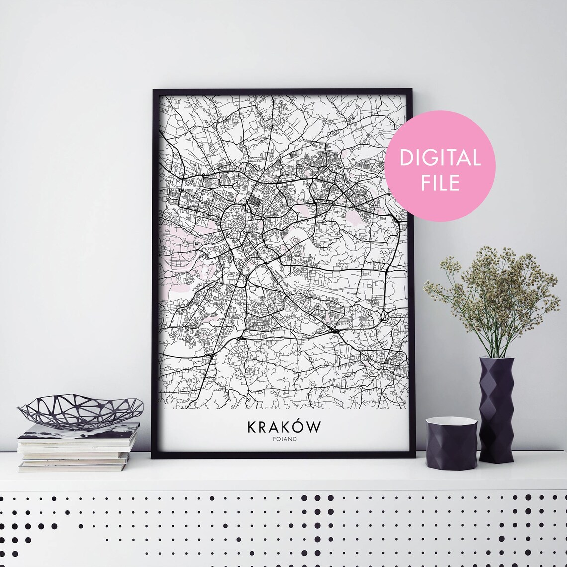 Kraków Poland Minimalist Monochrome City Street Map Travel Poster