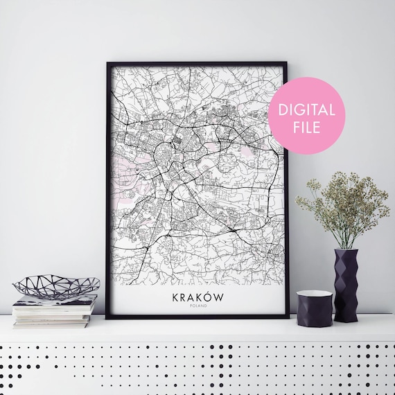 Kraków Poland Minimalist Monochrome City Street Map Travel Poster