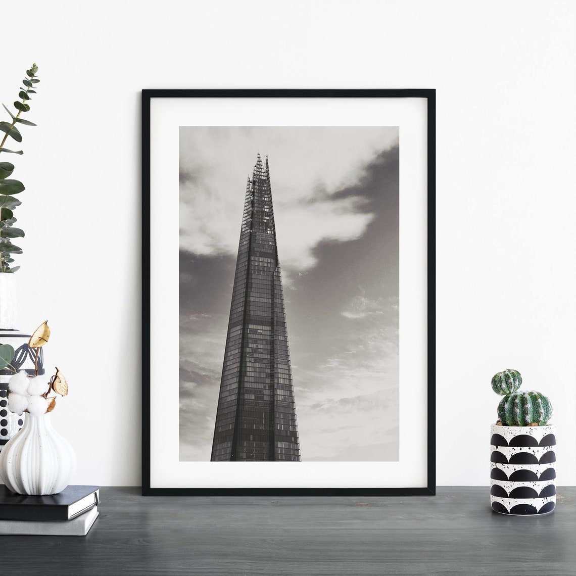 The Shard London Skyscraper Against Cloudy Sky Monochrome Poster