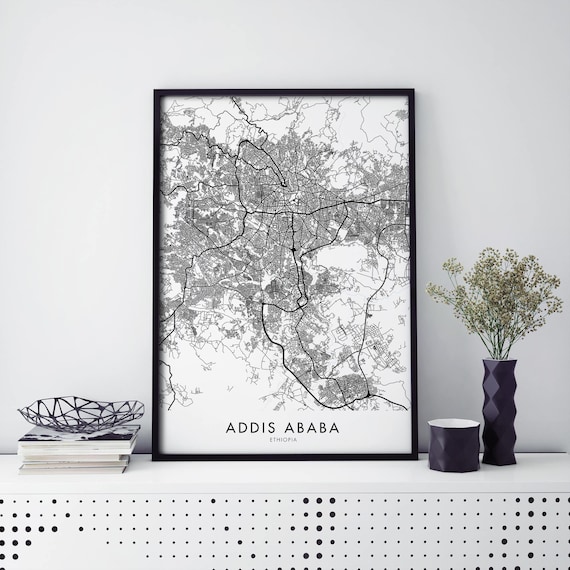 Addis Ababa Ethiopia Minimalist Black White City Street Map Print