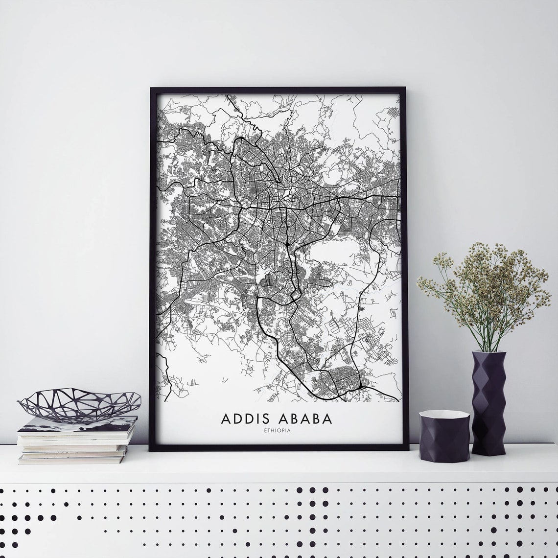 Addis Ababa Ethiopia Minimalist Black White City Street Map Print