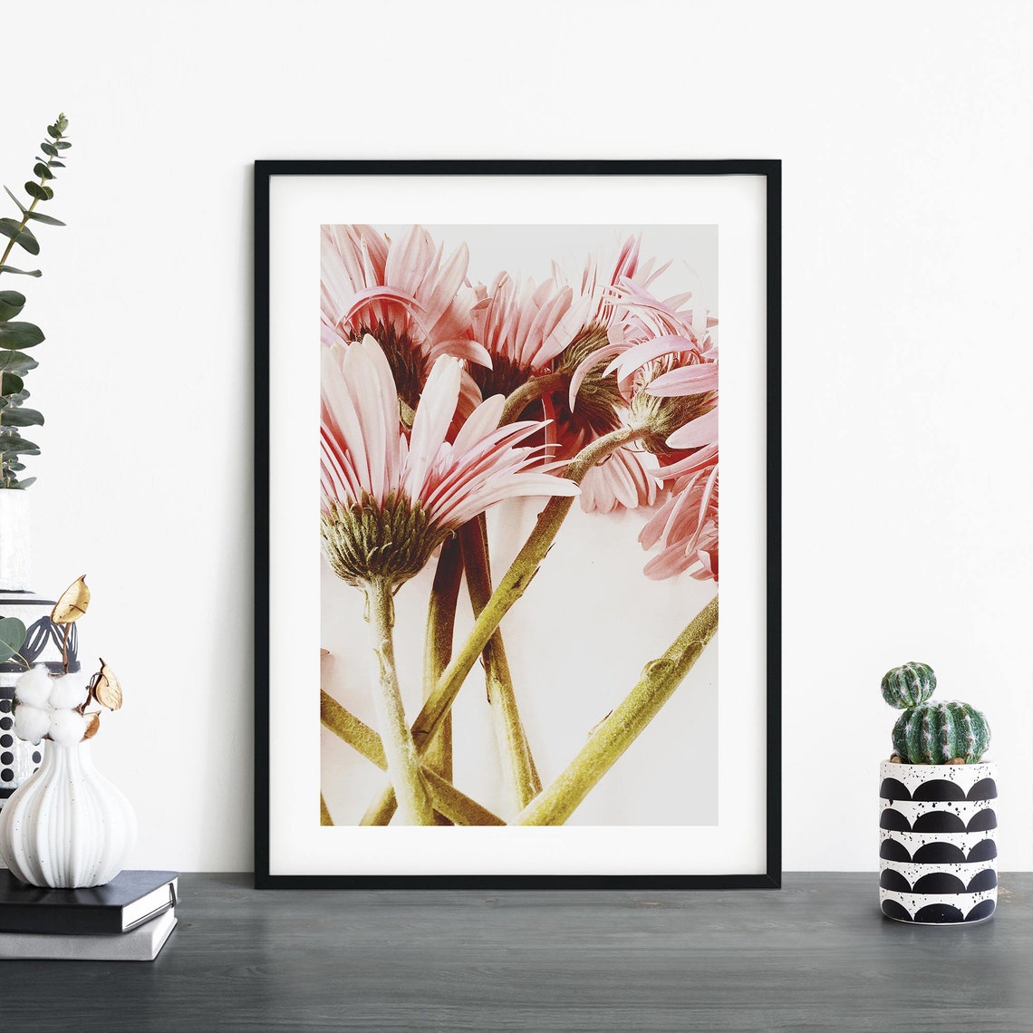 Pink Gerbera Daisies Long Green Stems Soft Floral Photo Poster