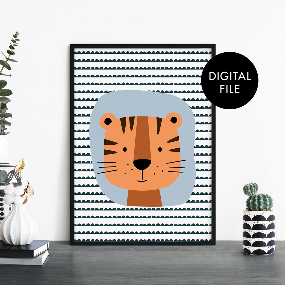 Cute Cartoon Tiger Face Nursery Kids Bedroom Animal Illustration Poster