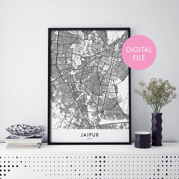 Jaipur India Black and White City Street Map Digital File Poster