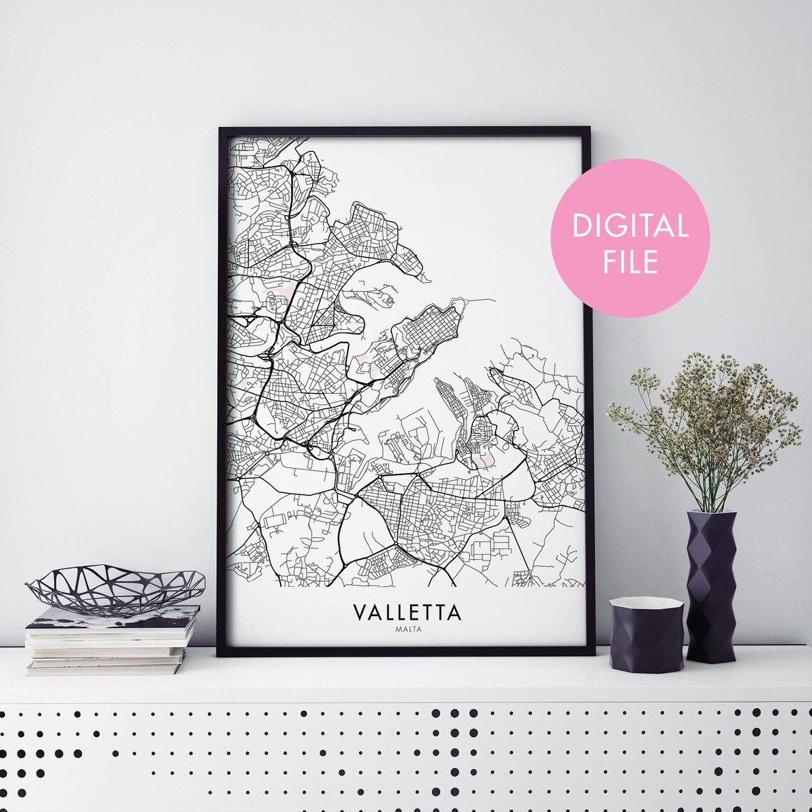 Valletta Malta Minimalist Black Line City Street Map Art Poster