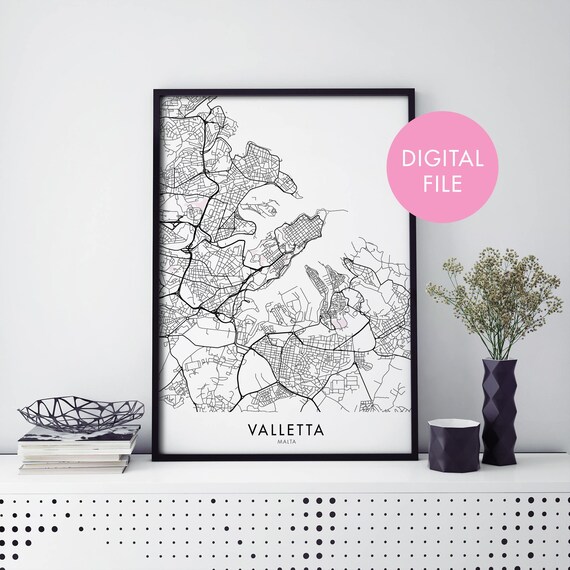 Valletta Malta Minimalist Black Line City Street Map Art Poster