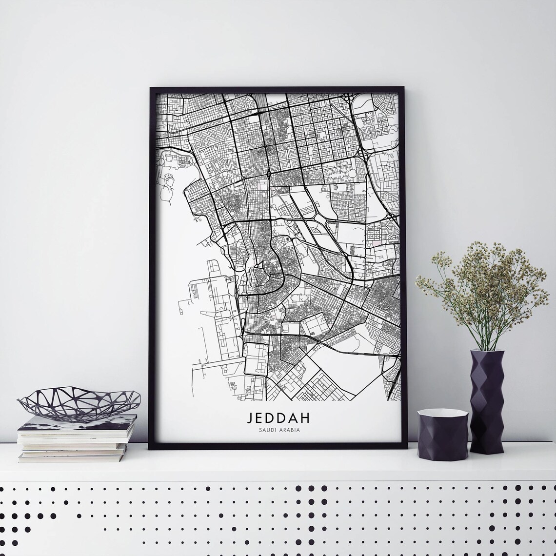 Jeddah Saudi Arabia Detailed Black and White City Map Poster Travel Gift