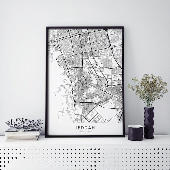 Jeddah Saudi Arabia Detailed Black and White City Map Poster Travel Gift