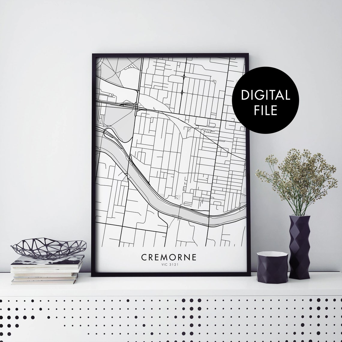 Cremorne Melbourne VIC Minimalist Black Street Map Wall Poster