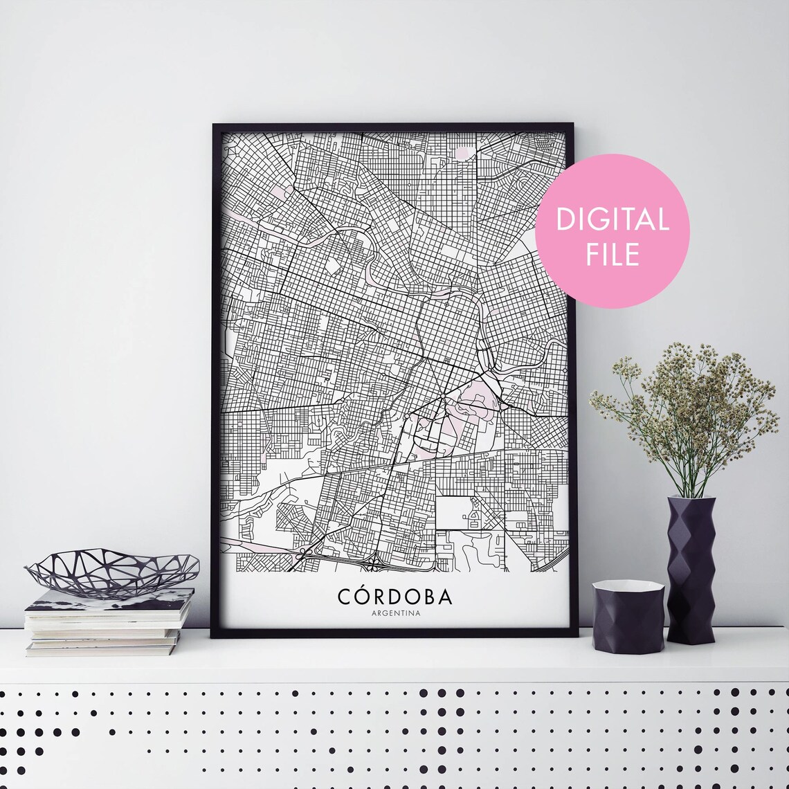 Cordoba Argentina City Minimalist Black White Street Map Wall Art