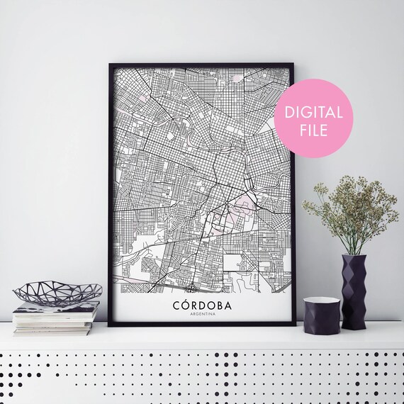 Cordoba Argentina City Minimalist Black White Street Map Wall Art