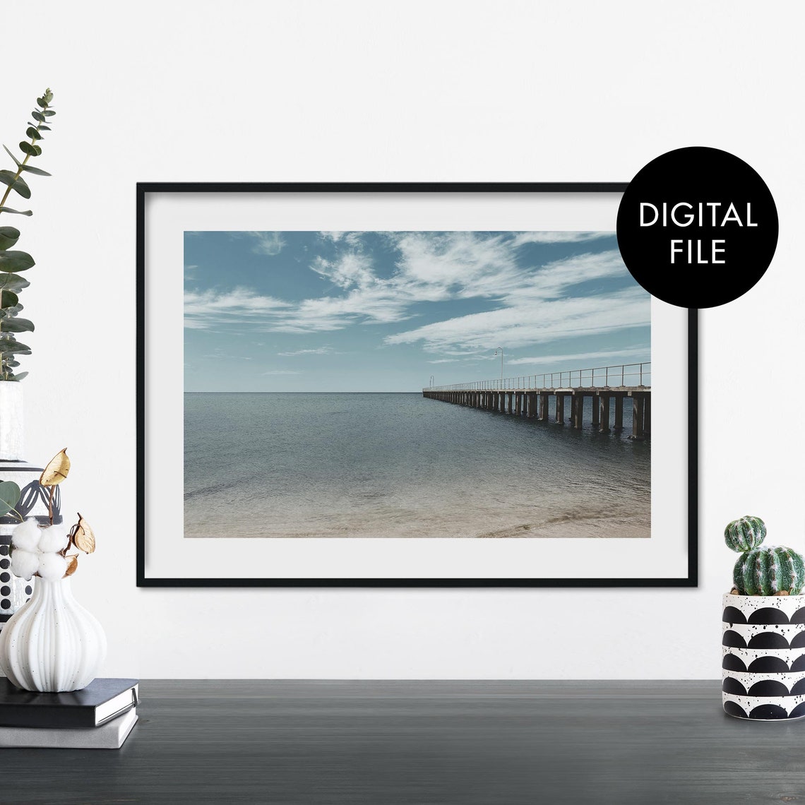 Calm Ocean Pier Under Cloudy Sky Serene Coastal Photography Print