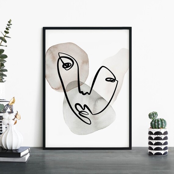 Abstract Face Line Art Watercolor Modern Minimalist Print Decor