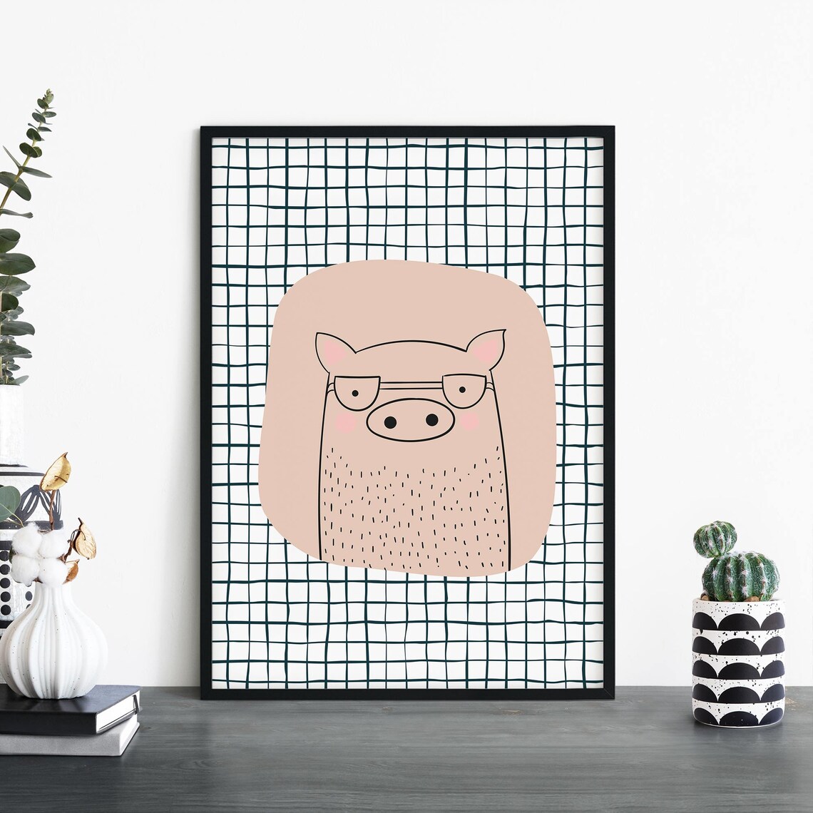 Cute Pink Pig Wearing Glasses Fun Kids Nursery Animal Art Poster