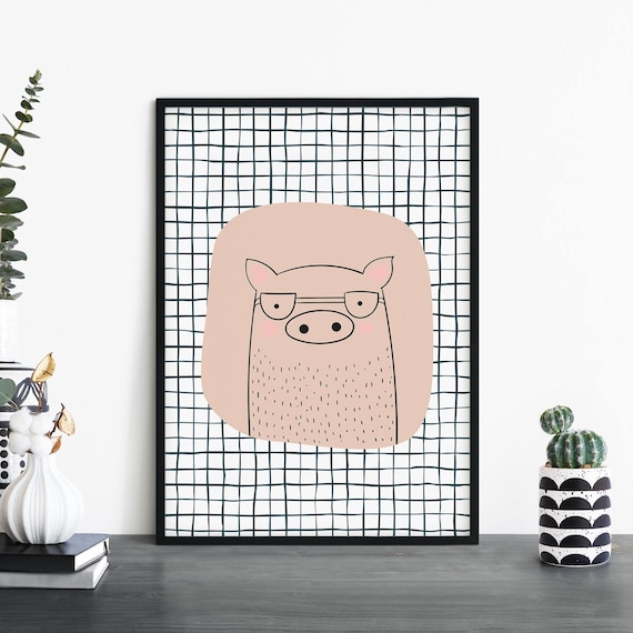 Cute Pink Pig Wearing Glasses Fun Kids Nursery Animal Art Poster