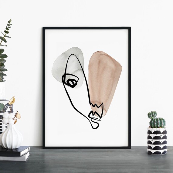 Abstract Line Face Watercolor Blobs Minimalist Modern Art Poster