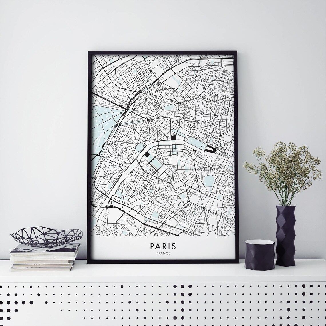 Paris France Black Line Watercolor Street Map City Art Poster