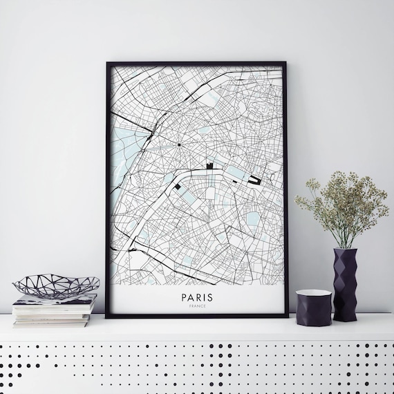 Paris France Black Line Watercolor Street Map City Art Poster